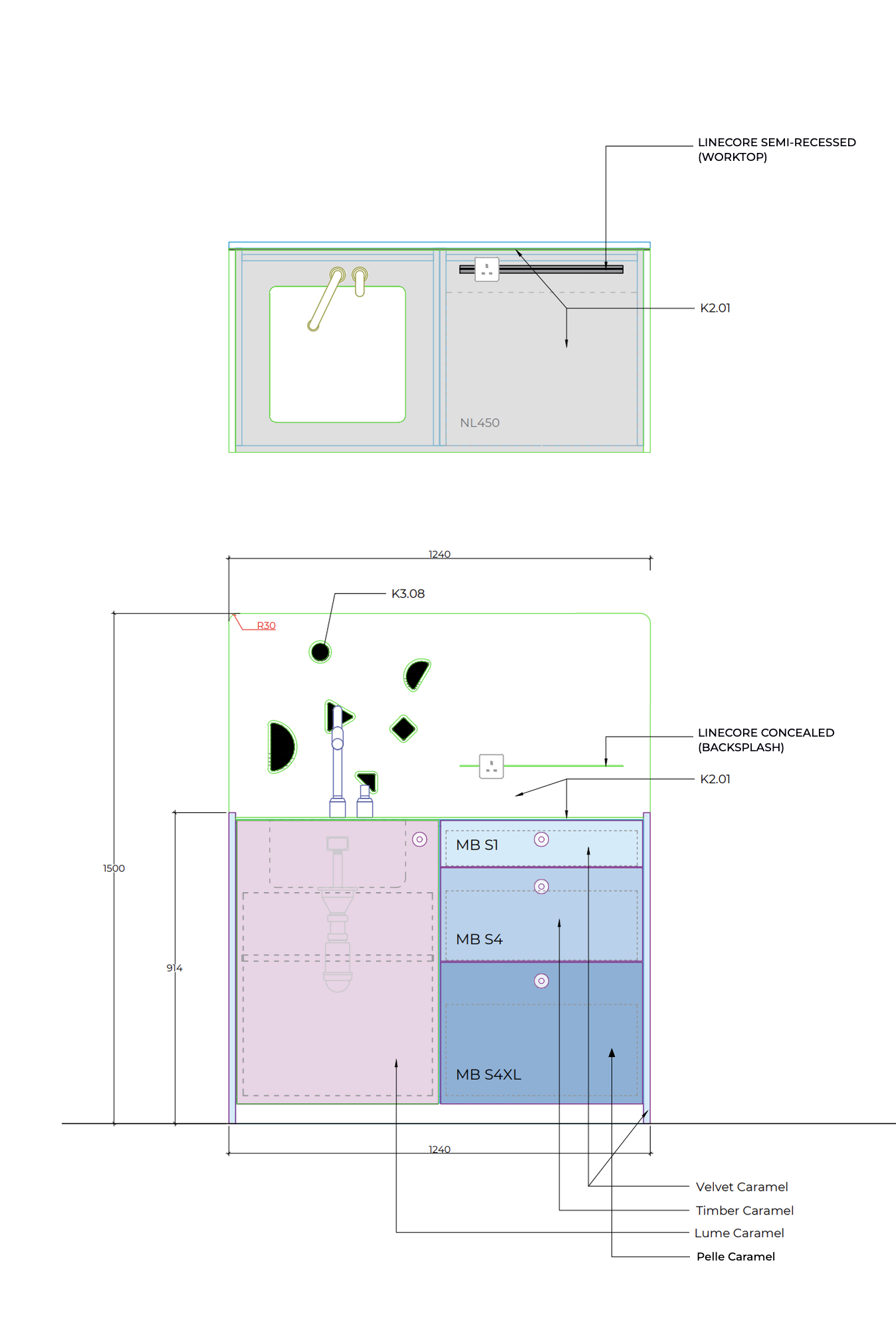 Working drawing of the mobile experience booth — worktop plan and front elevation, 1240 wide by 1500 tall, counter at 914, with texture inlays, sink, and power track positions